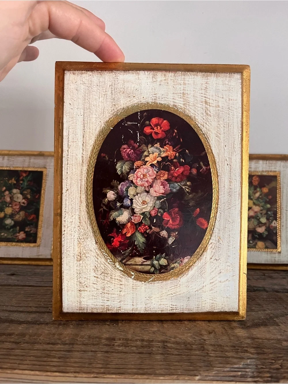 Set of 3 Italian Floral Wall Art Prints in Gold and Cream Frames